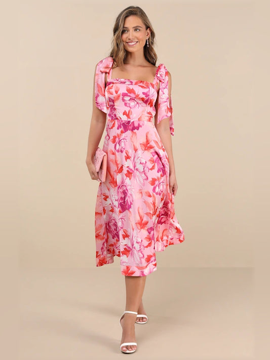Pink Floral midi formal dress with floral print, alternate view