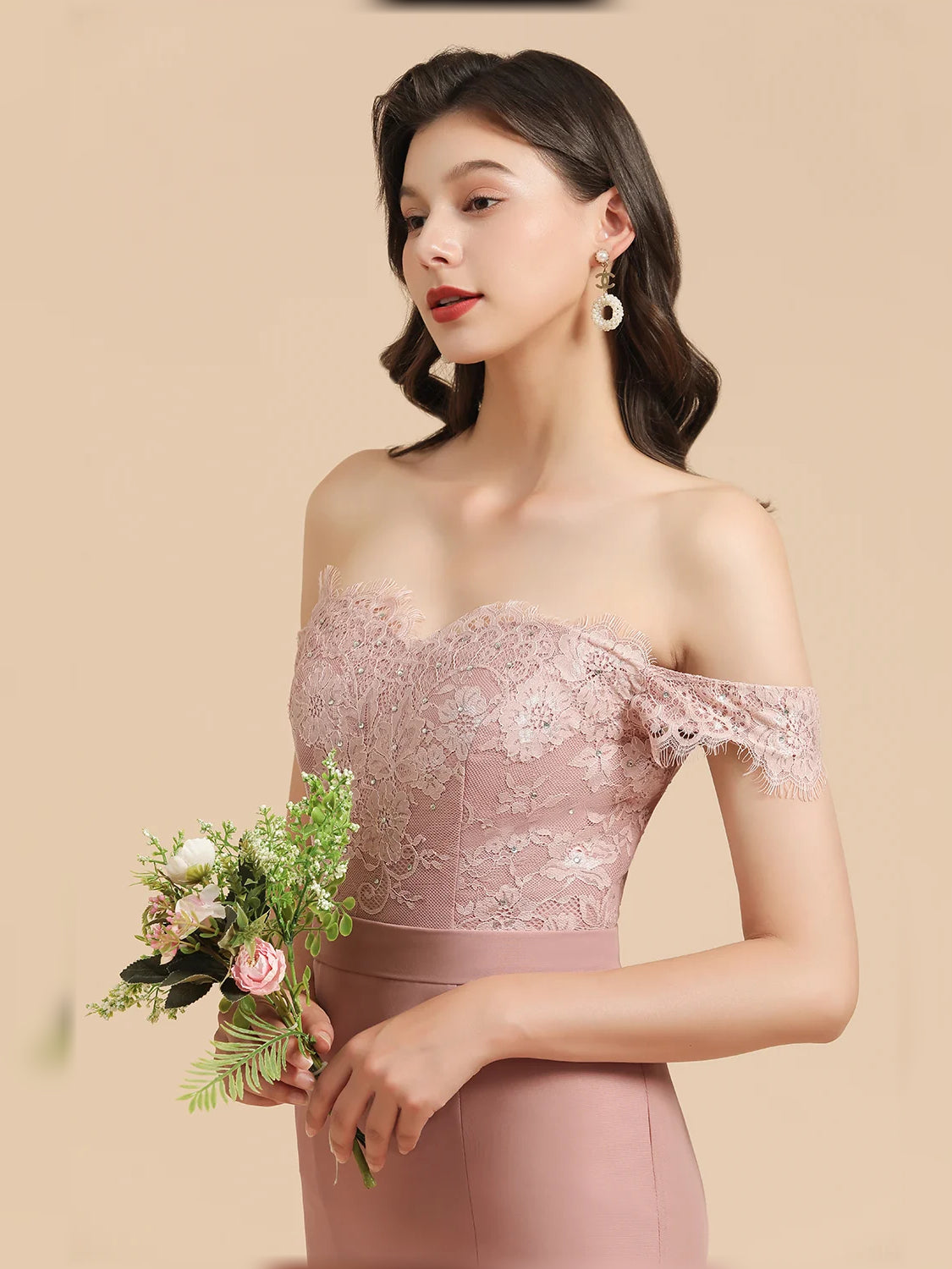 Dusty Rose floor-length bridesmaid dress, alternate view showing the bodice and skirt
