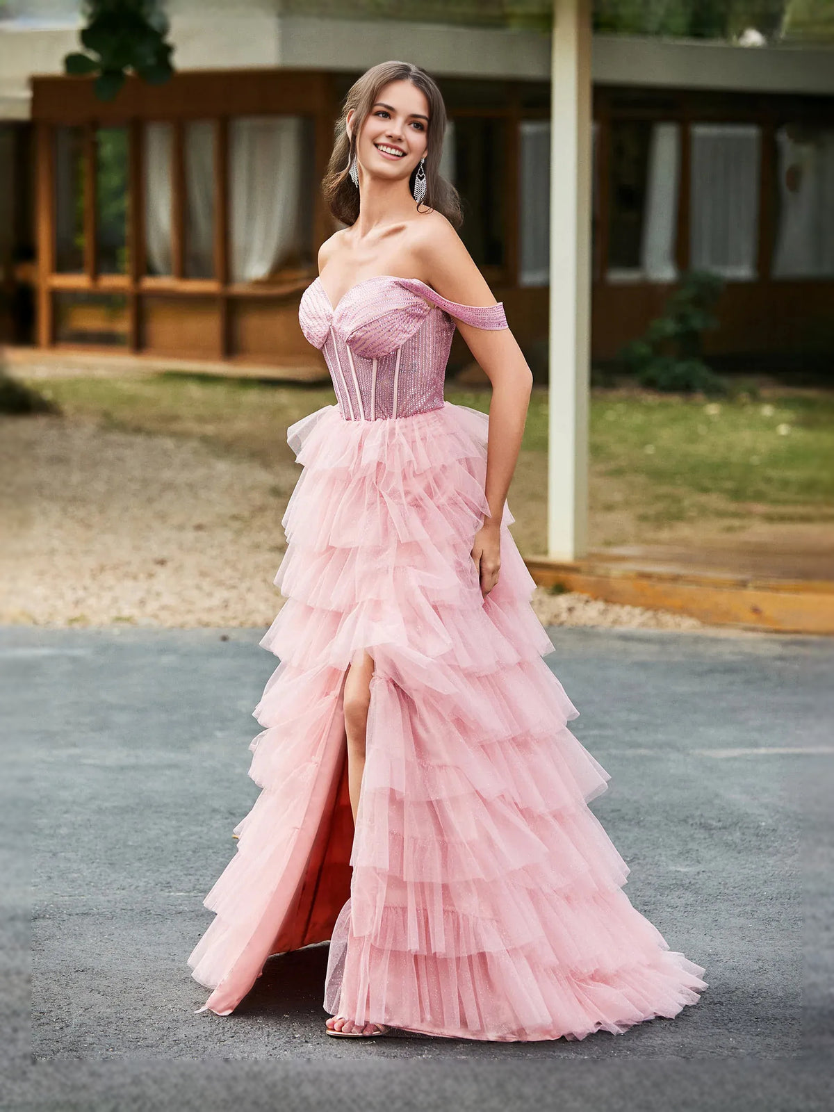 Blush Pink floor-length prom dress, alternate view showing the bodice and skirt
