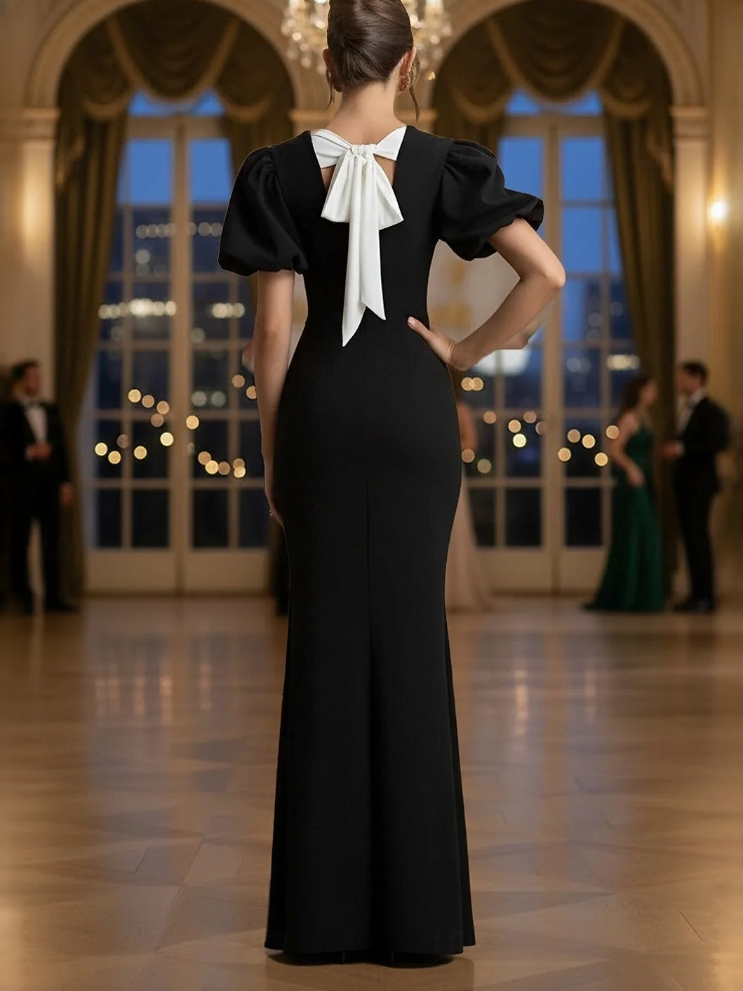 Black maxi prom dress, alternate view showing the bodice and skirt