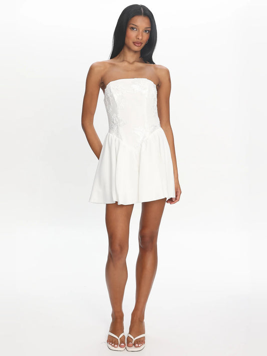 White mini homecoming dress, alternate view showing the bodice and skirt