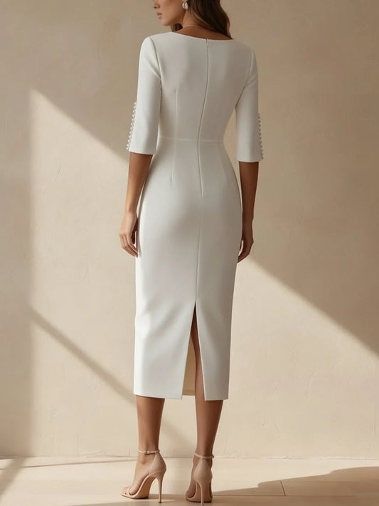Ivory white midi mother of the bride dress, alternate view showing the bodice and skirt