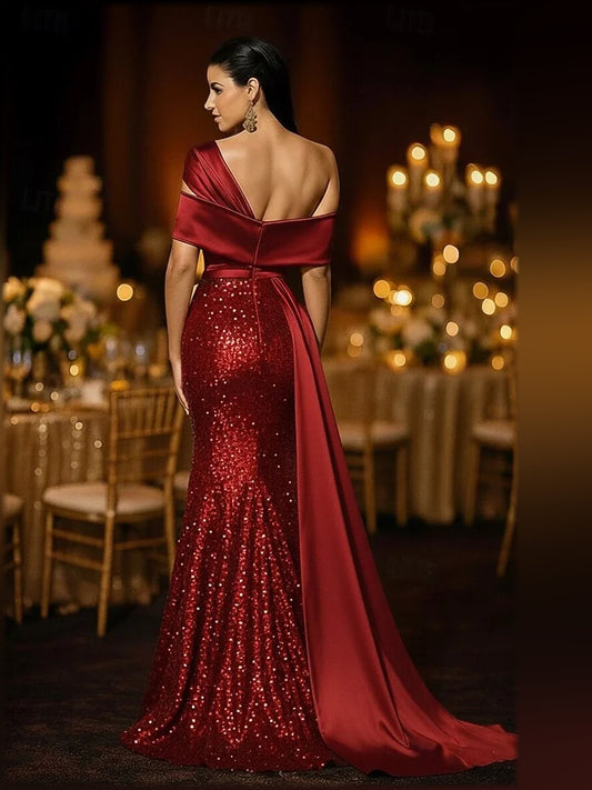 Burgundy mermaid floor-length formal dress with sequins, alternate view