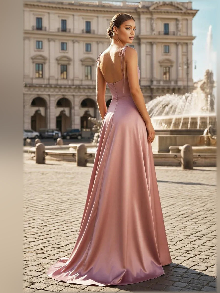 Dusty Rose a-line floor-length formal dress with cowl neckline, alternate view
