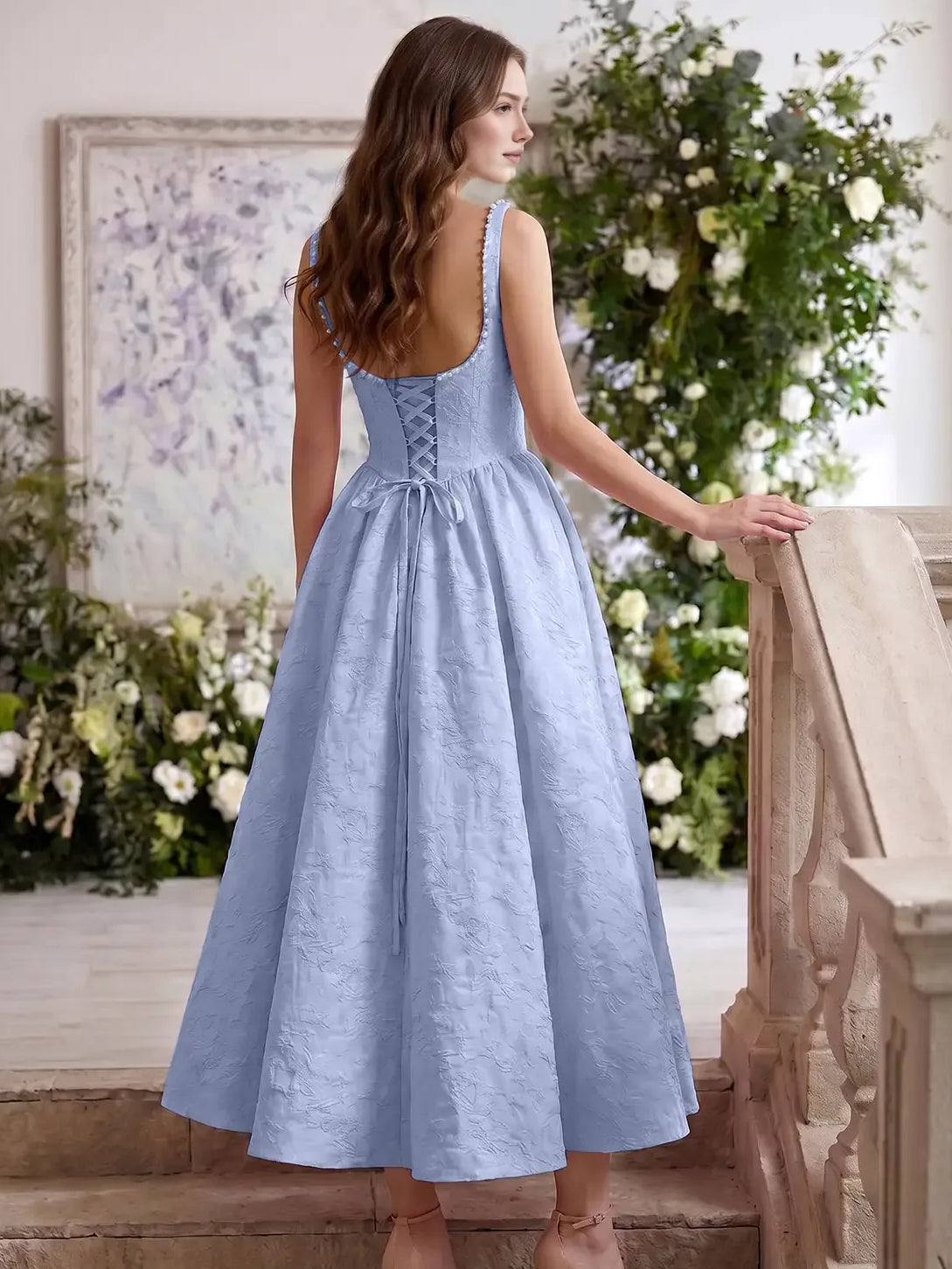 Light Blue fit-and-flare tea-length formal dress with corset-style bodice, alternate view