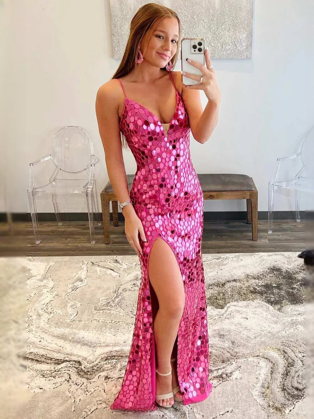 Fuchsia floor-length prom dress, alternate view showing the bodice and skirt