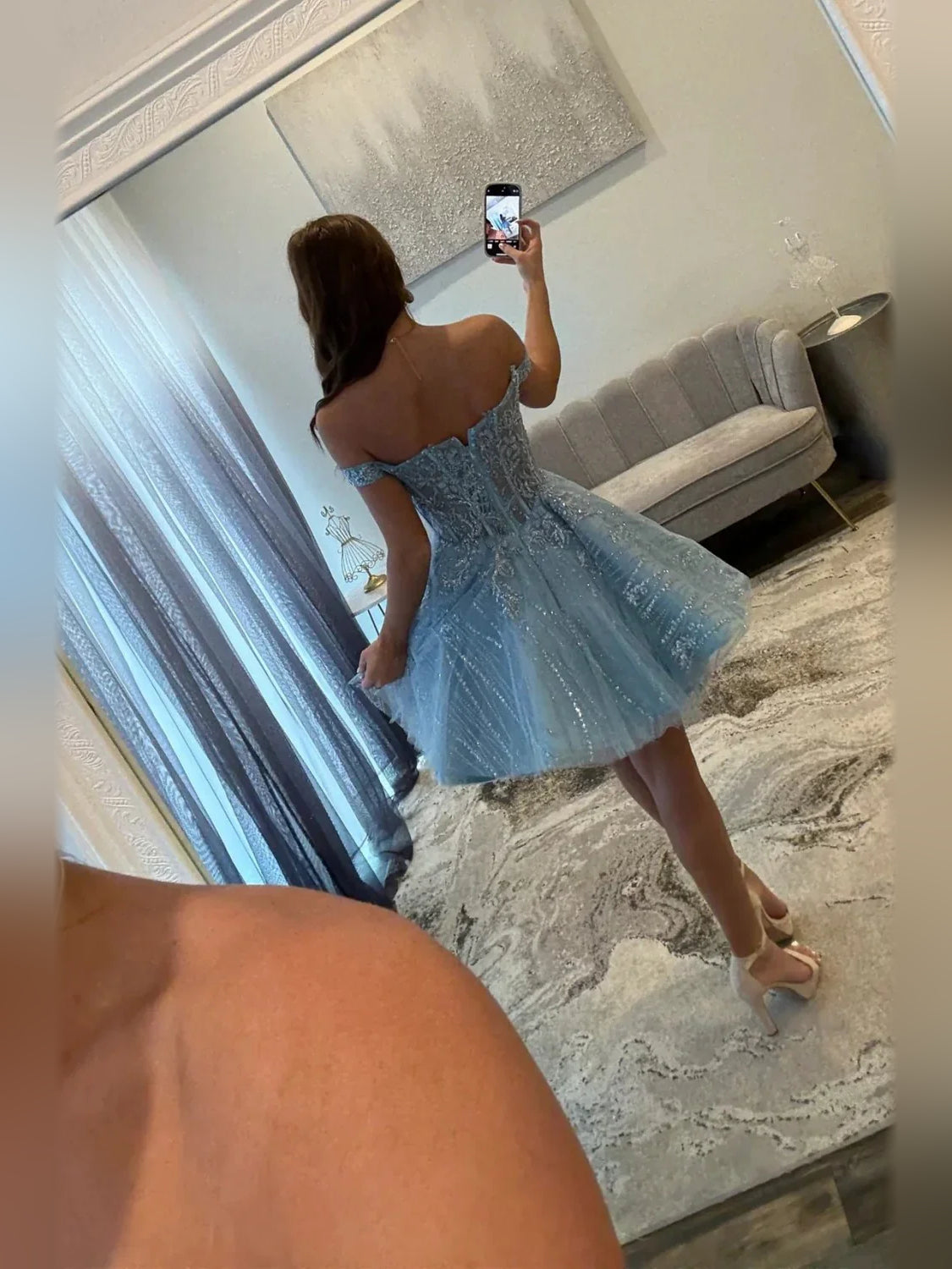 Light Blue short homecoming dress, back view showing the rear of the dress