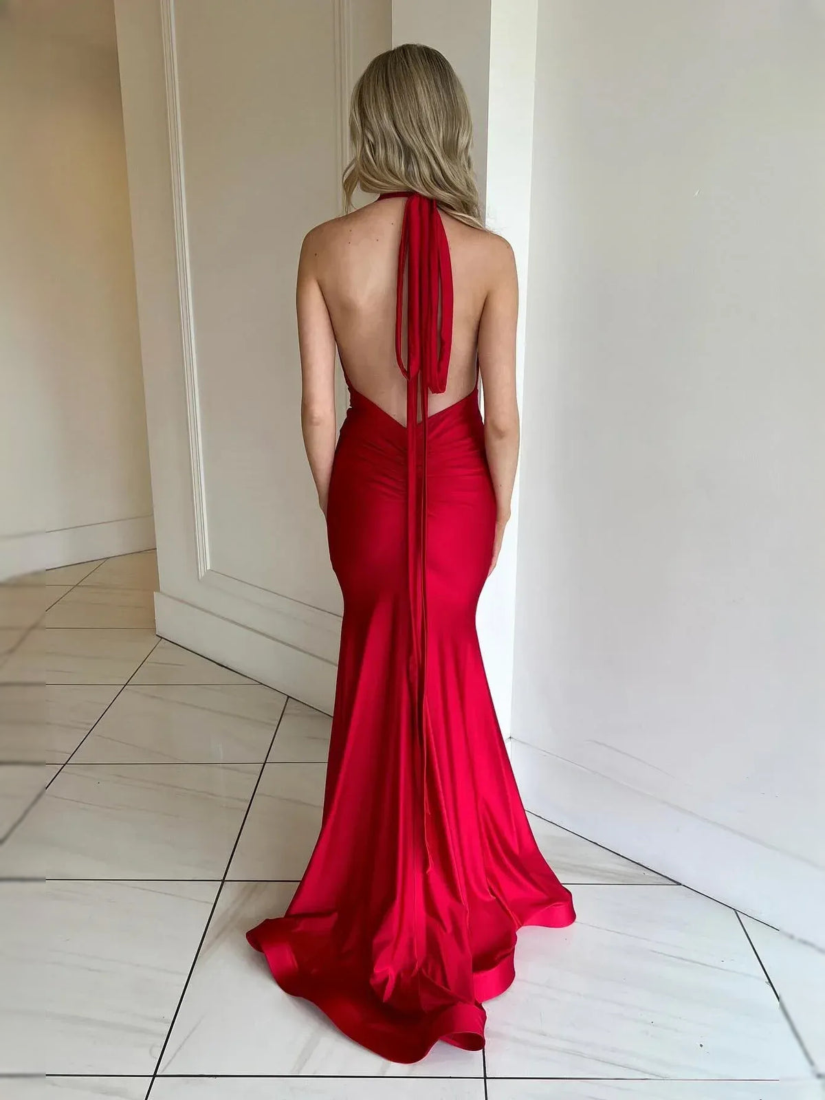 Red floor-length prom dress, back view showing the rear of the dress