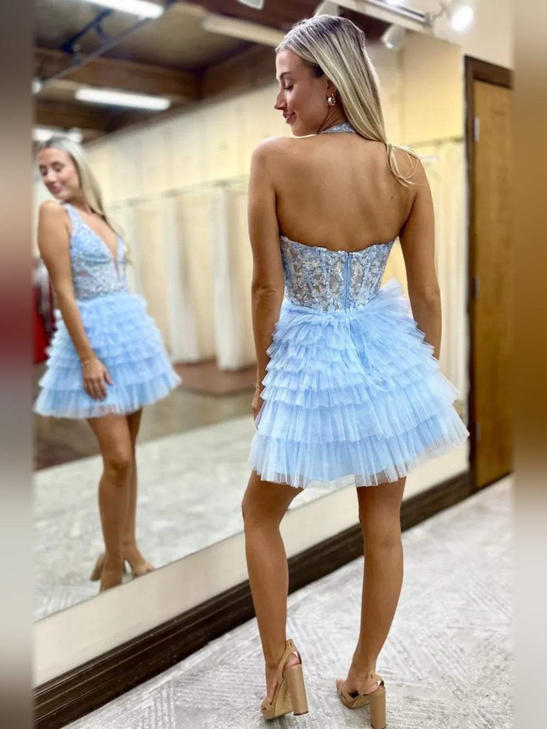 Sky Blue mini homecoming dress, back view showing the rear of the dress