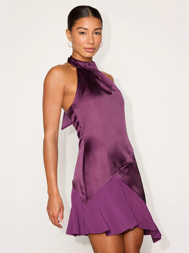 Purple mini homecoming dress, alternate view showing the bodice and skirt