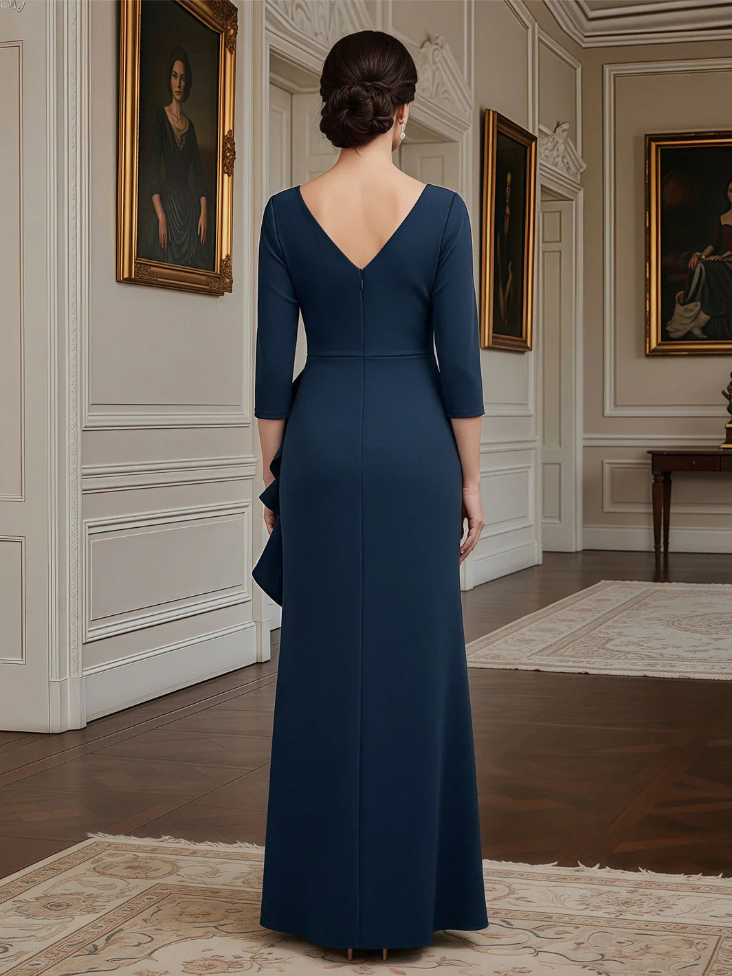 Navy Blue maxi mother of the bride dress, alternate view showing the bodice and skirt