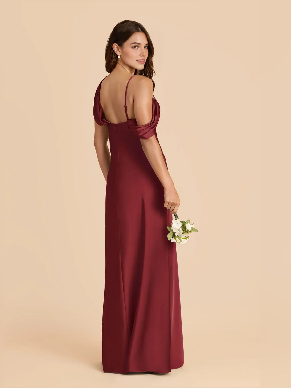 Crimson Red maxi bridesmaid dress, alternate view showing the bodice and skirt