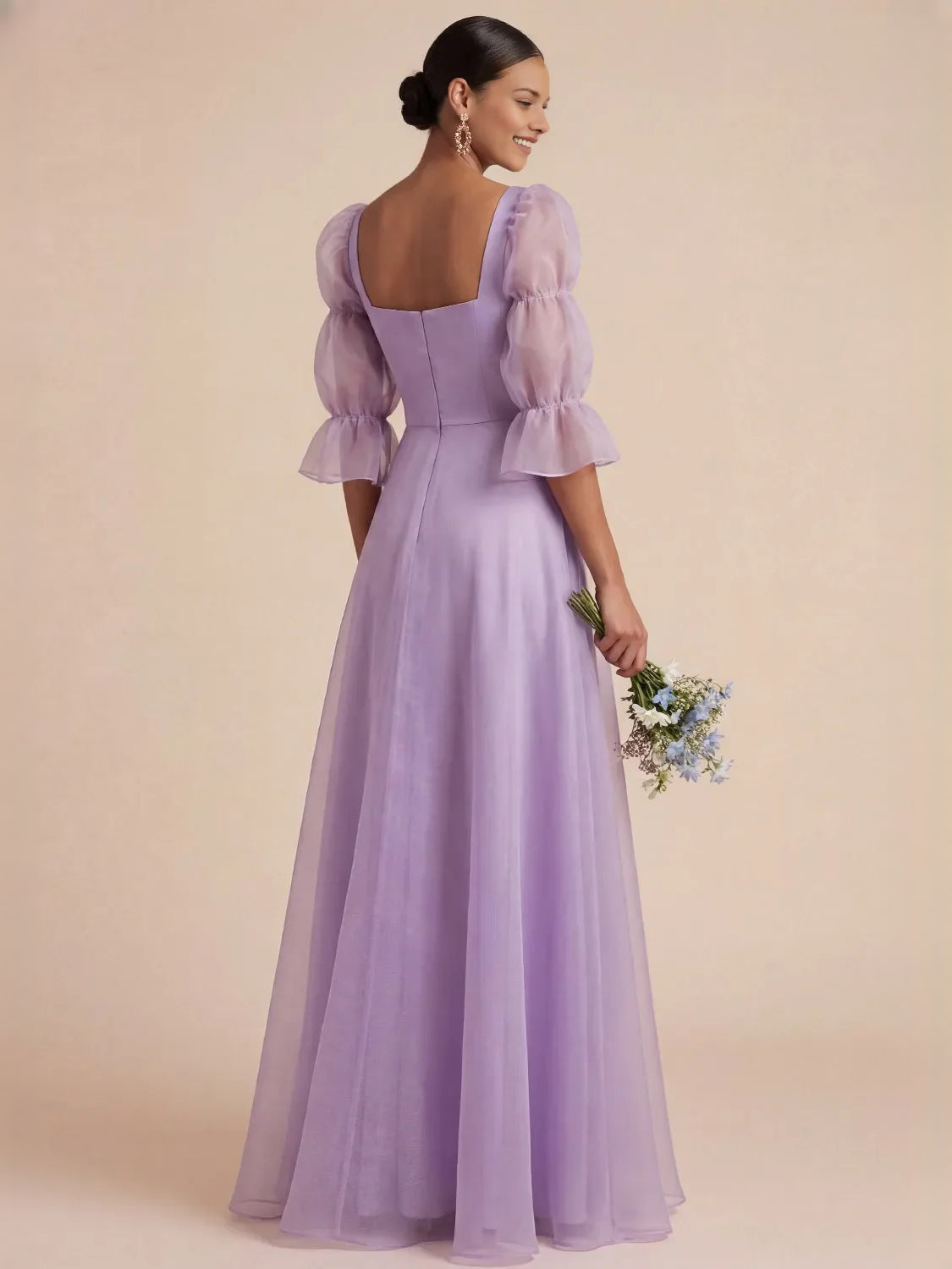 Lilac maxi bridesmaid dress, alternate view showing the bodice and skirt