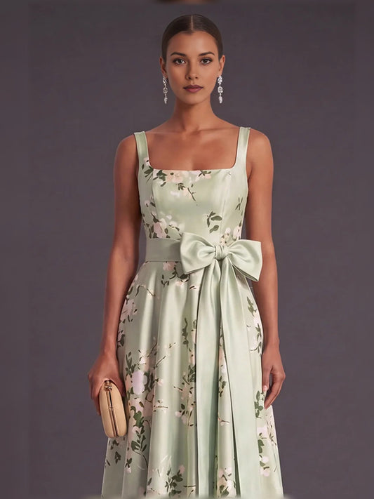 Floral a-line floor-length formal dress with bow detail, alternate view