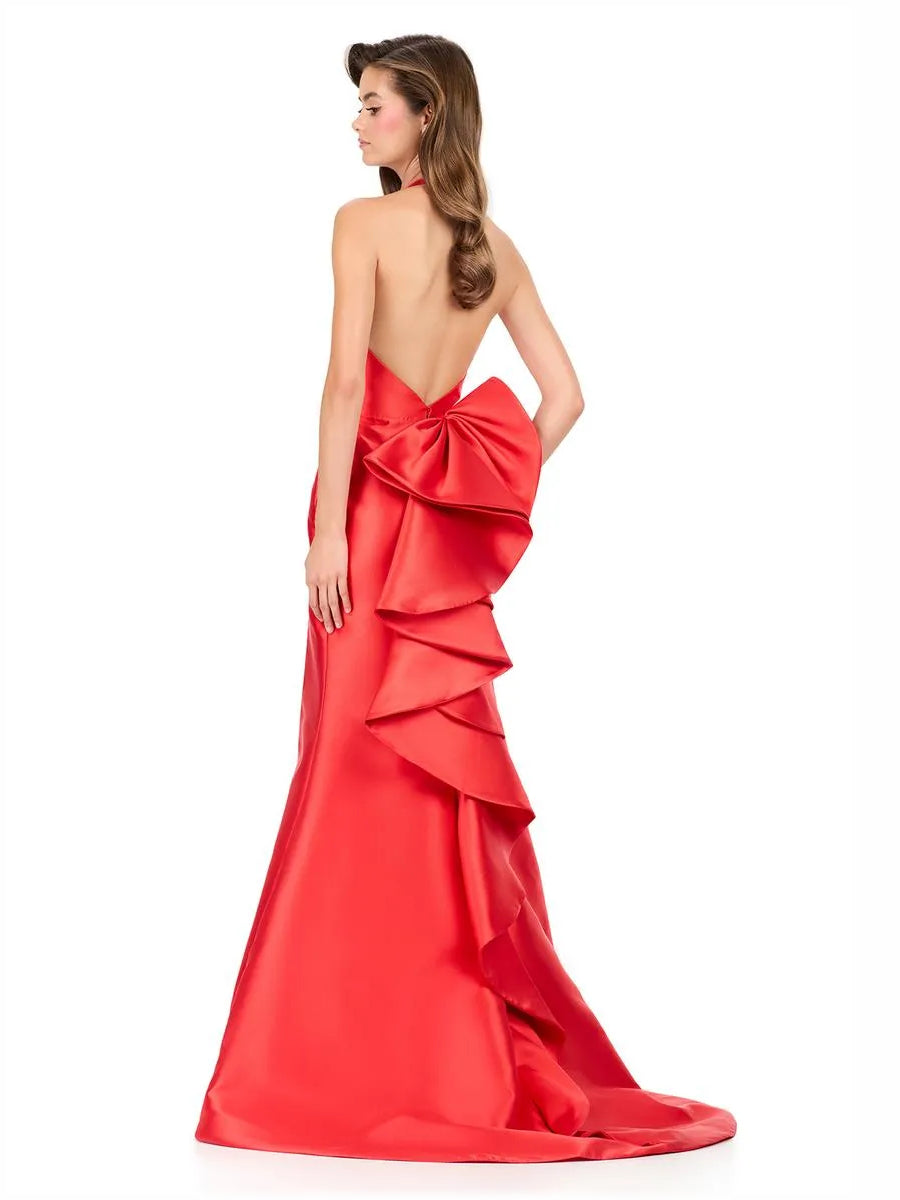 Red a-line floor-length formal dress with skirt slit, alternate view