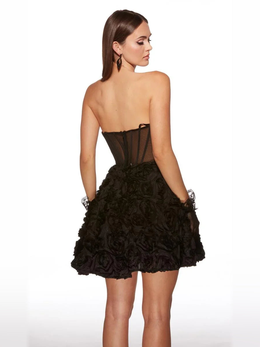 Black mini homecoming dress, back view showing the rear of the dress