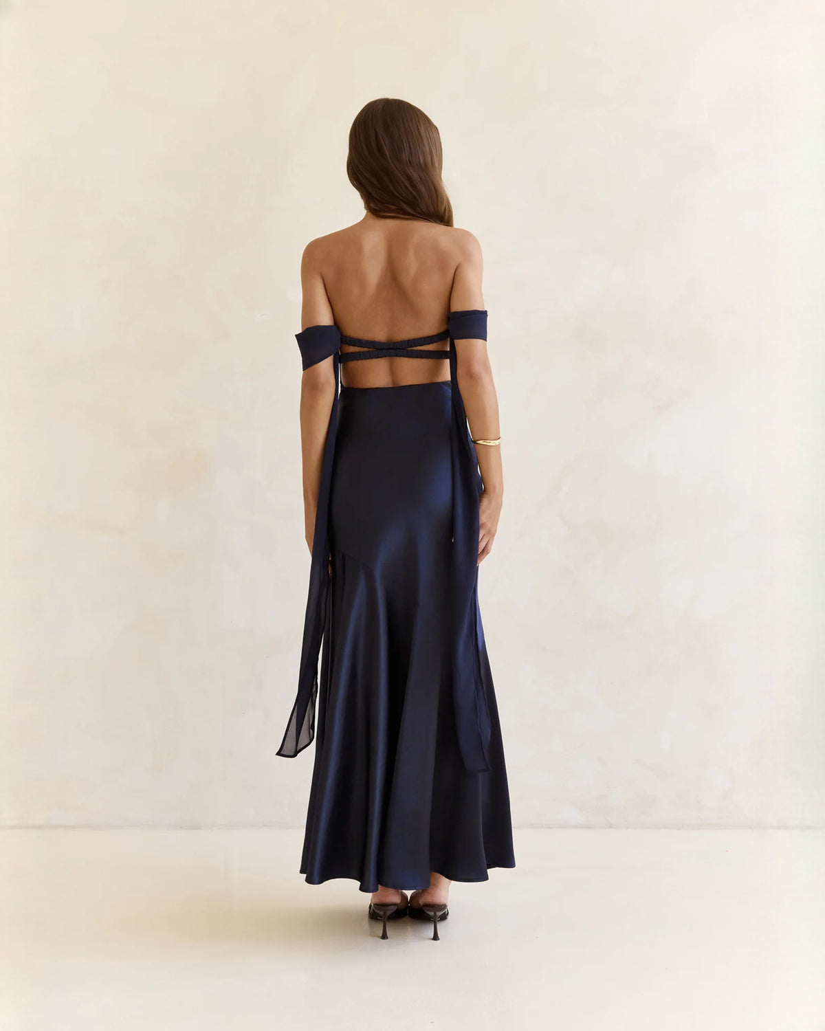 off-shoulder satin a-line maxi bridesmaid dress - image 2