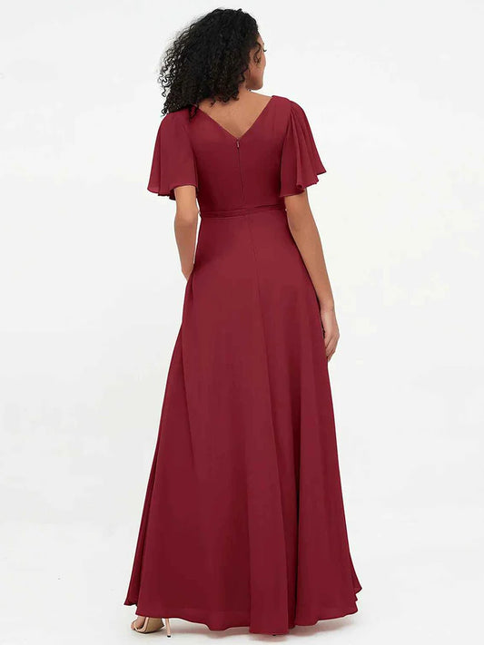 Burgundy maxi bridesmaid dress, alternate view showing the bodice and skirt