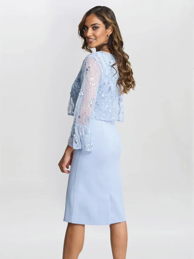 Light Blue knee-length mother of the bride dress, alternate view showing the bodice and skirt