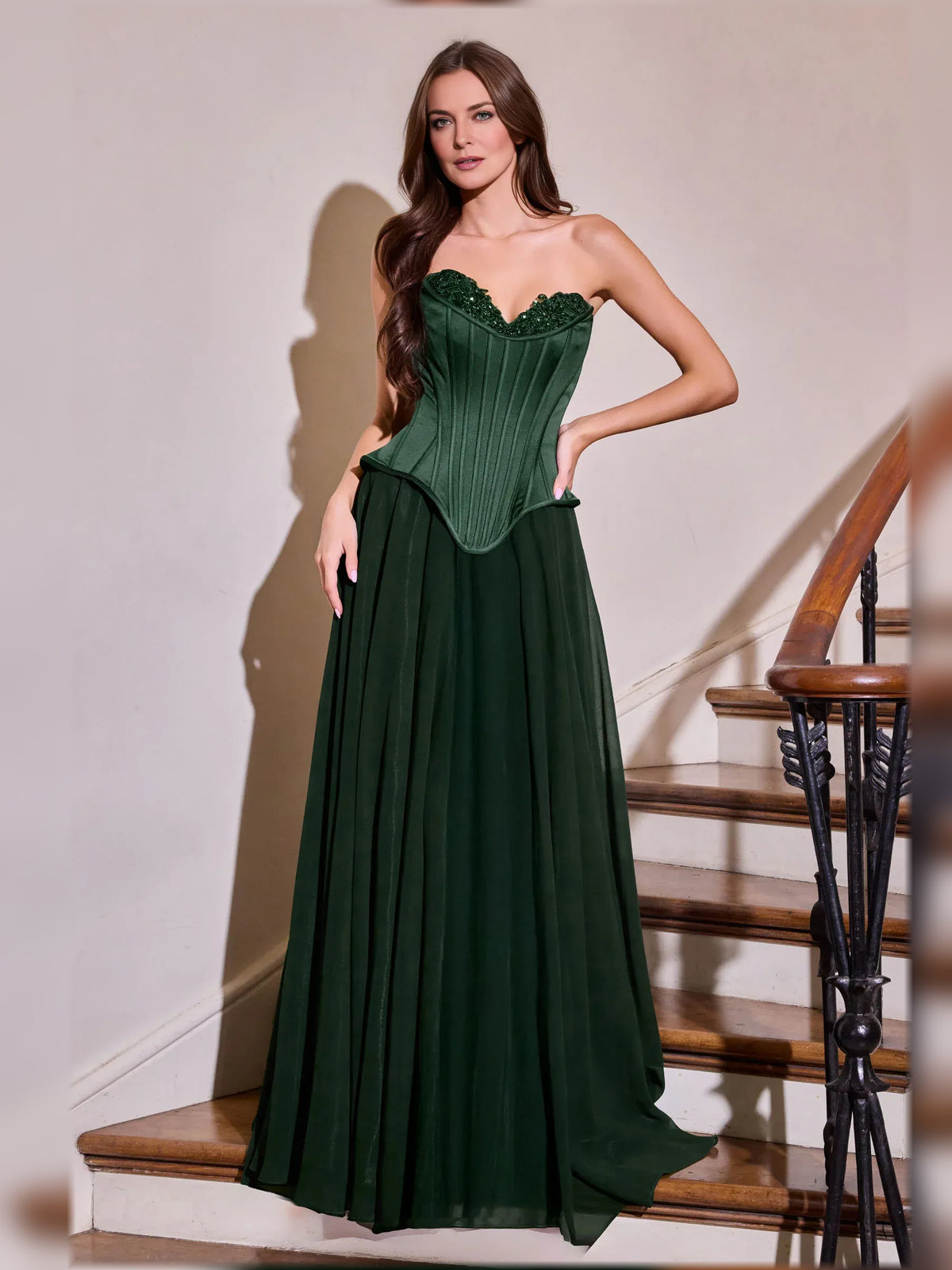 Dark Green fit-and-flare floor-length formal dress with corset-style bodice, alternate view