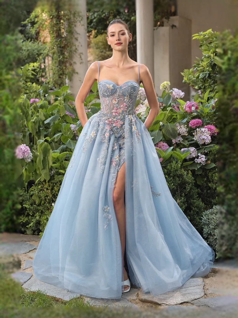 Powder Blue floor-length prom dress, alternate view showing the bodice and skirt