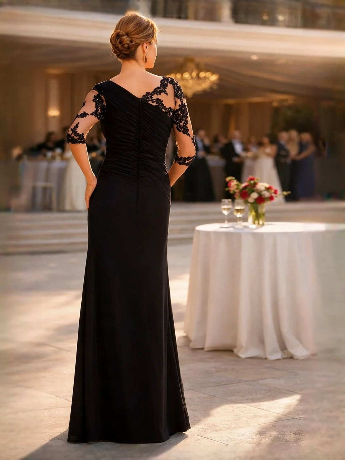 Black floor-length mother of the bride dress, alternate view showing the bodice and skirt