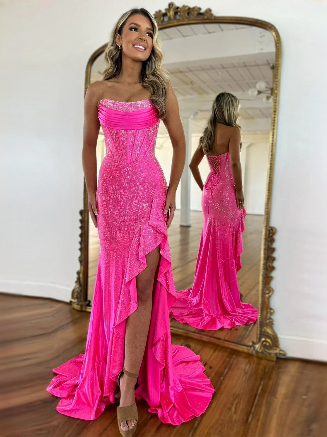 Hot Pink maxi prom dress, alternate view showing the bodice and skirt