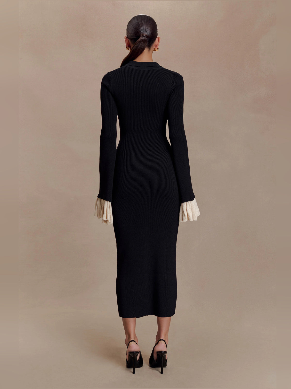 Black midi formal dress with ruffle details, alternate view