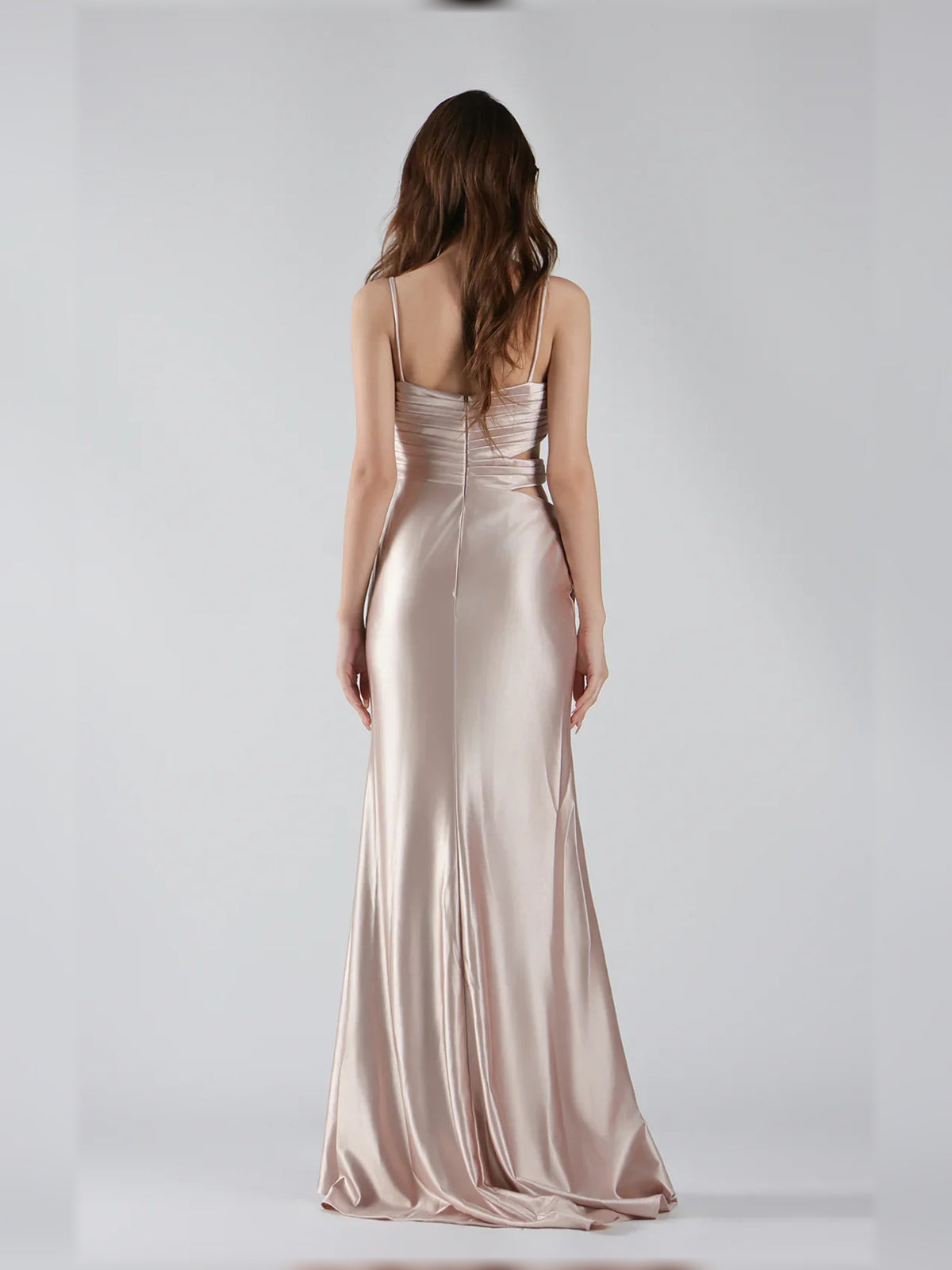Taupe mermaid floor-length formal dress with ruching, alternate view