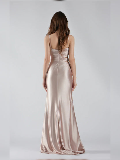 Taupe mermaid floor-length formal dress with ruching, alternate view