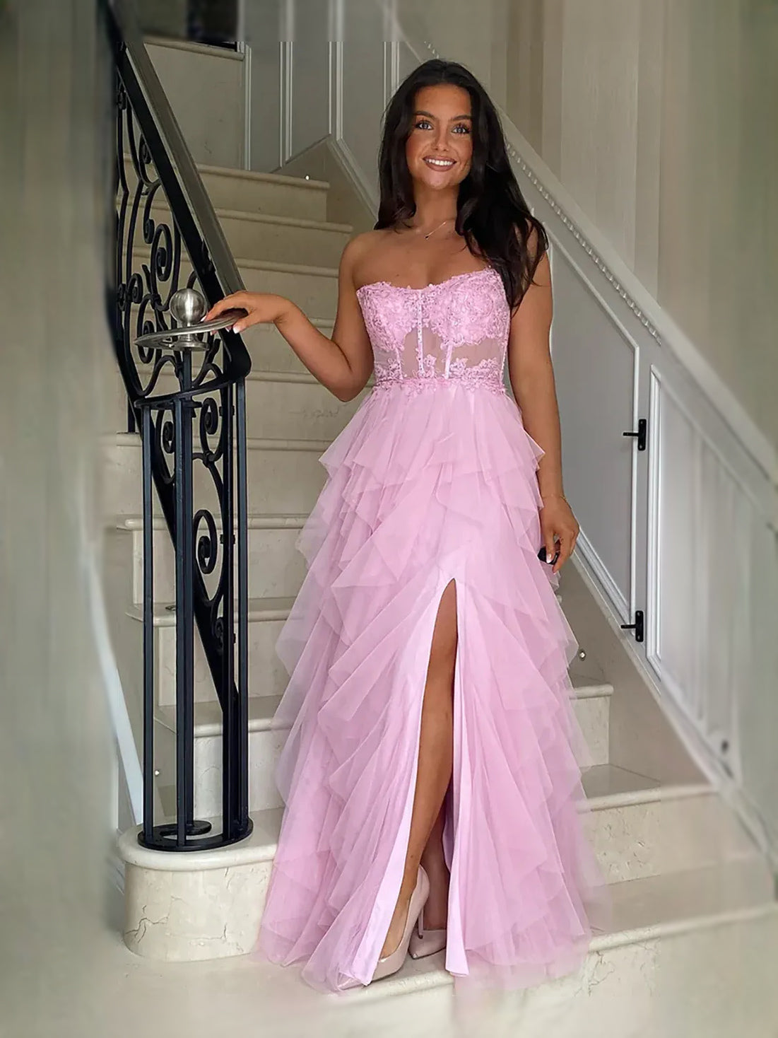 Pink maxi prom dress, alternate view showing the bodice and skirt