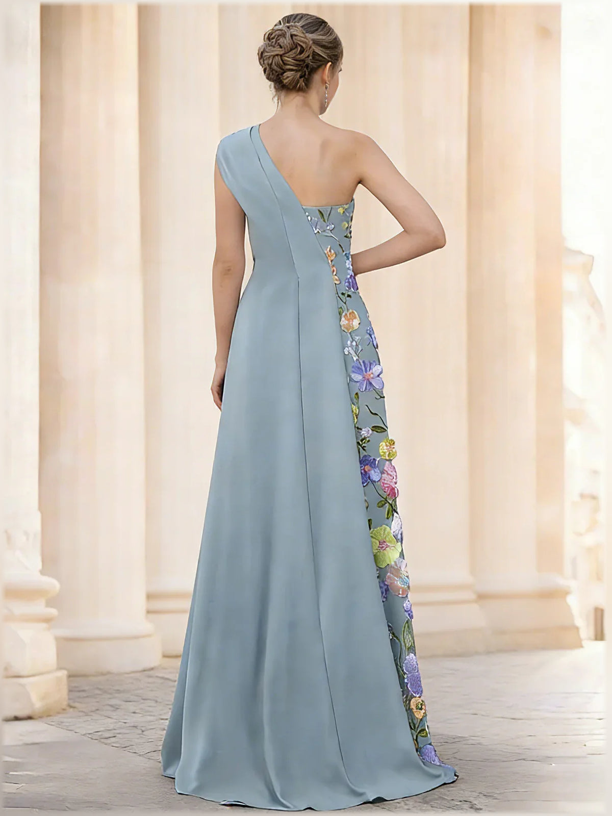Dusty Blue a-line floor-length formal dress with ruching, alternate view