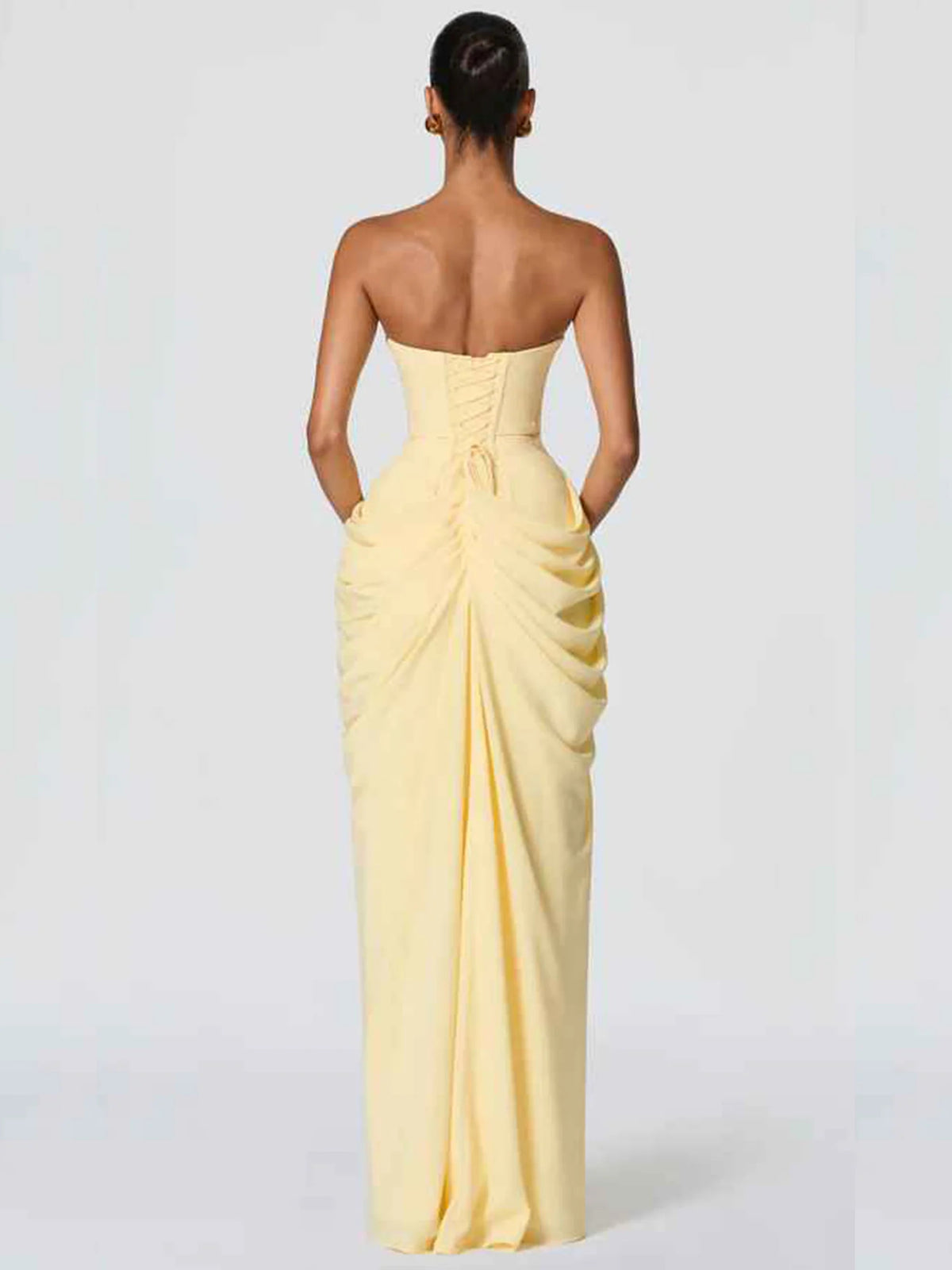Yellow maxi bridesmaid dress, alternate view showing the bodice and skirt
