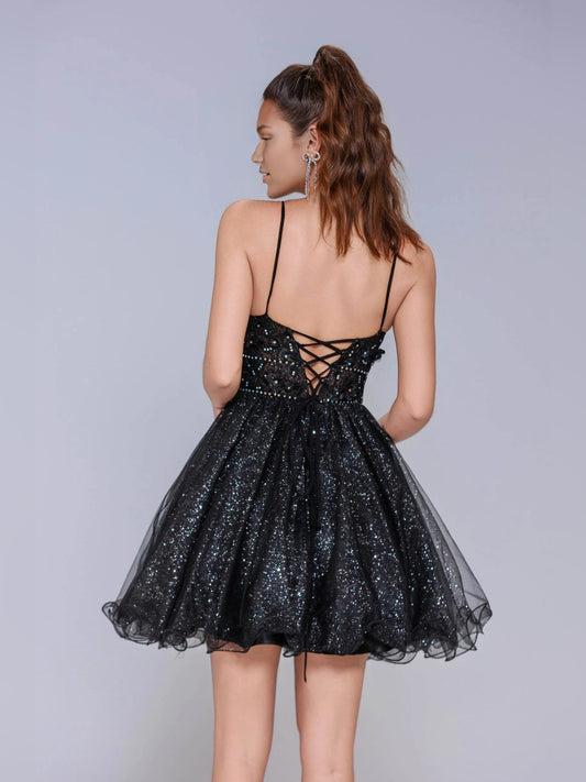 Black mini homecoming dress, back view showing the rear of the dress