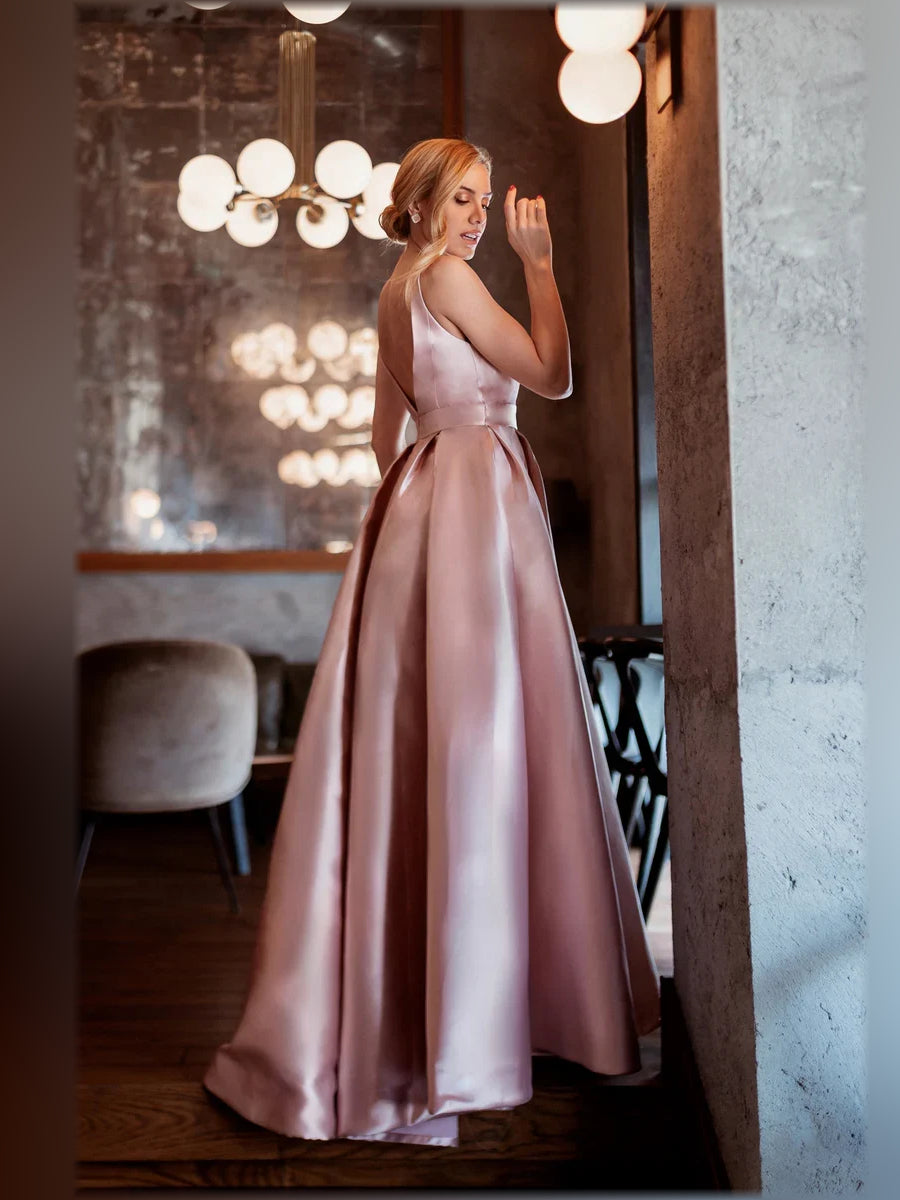 Pink a-line floor-length formal dress with skirt slit, alternate view