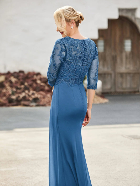 Ink Blue sheath floor-length formal dress with V-neckline, alternate view