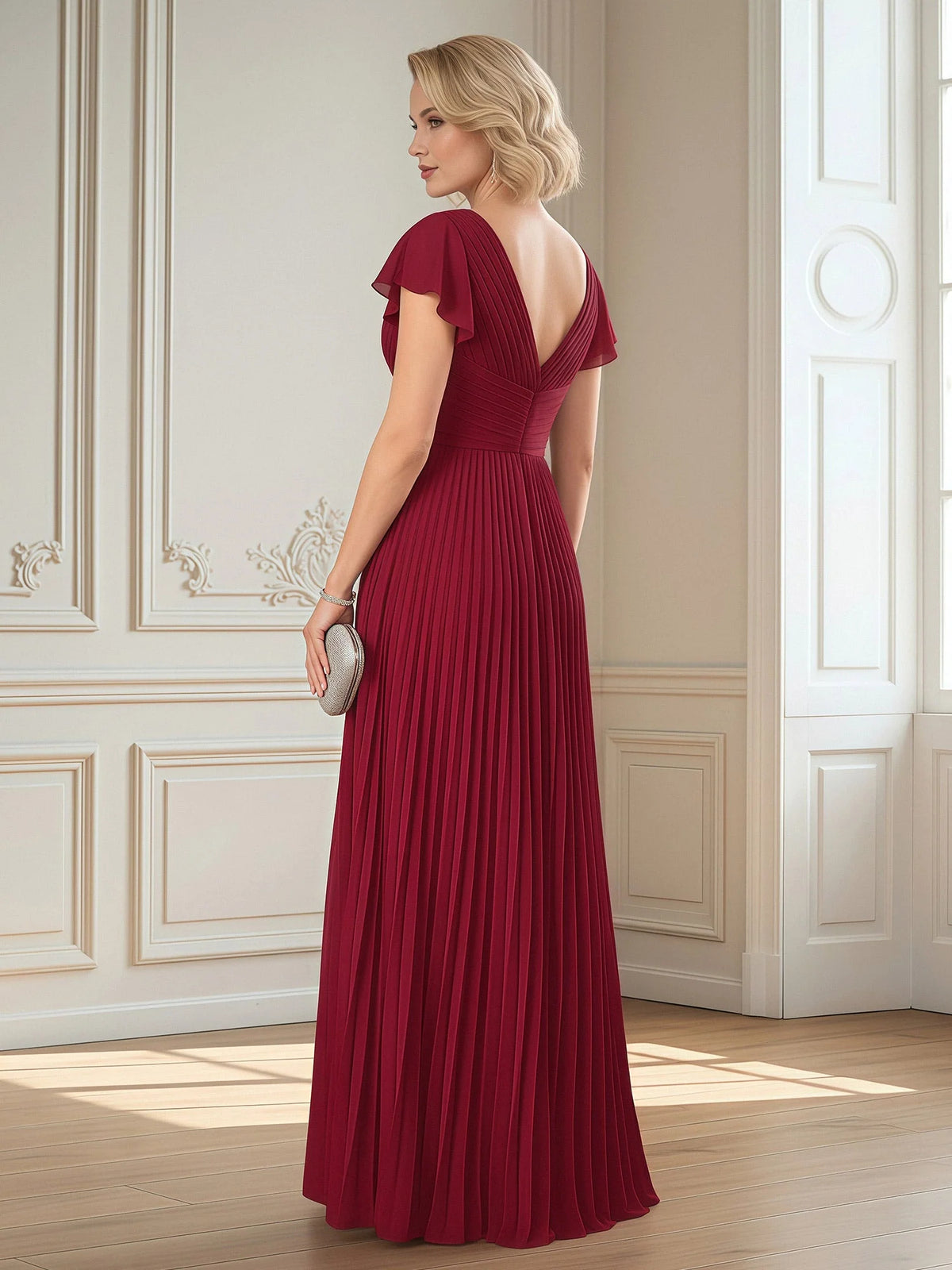 Burgundy floor-length mother of the bride dress, alternate view showing the bodice and skirt