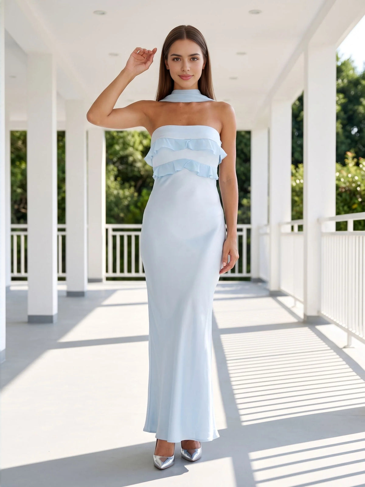 Sky Blue floor-length bridesmaid dress, alternate view showing the bodice and skirt