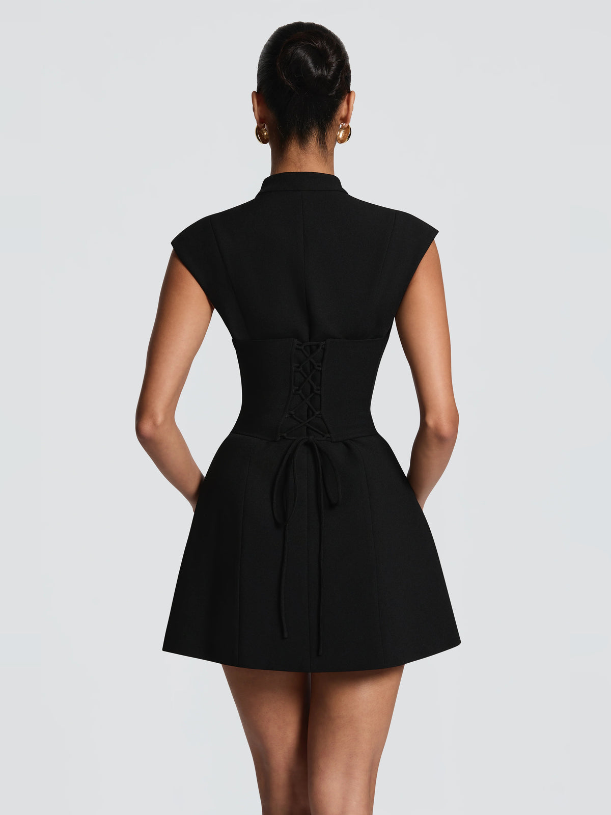 Black mini homecoming dress, alternate view showing the bodice and skirt