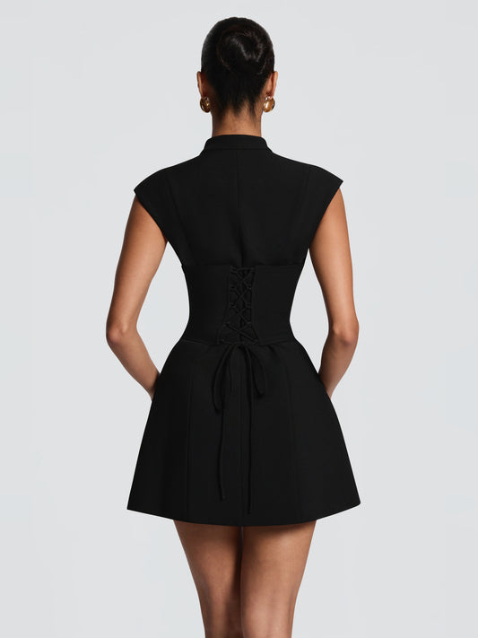 Black mini homecoming dress, alternate view showing the bodice and skirt