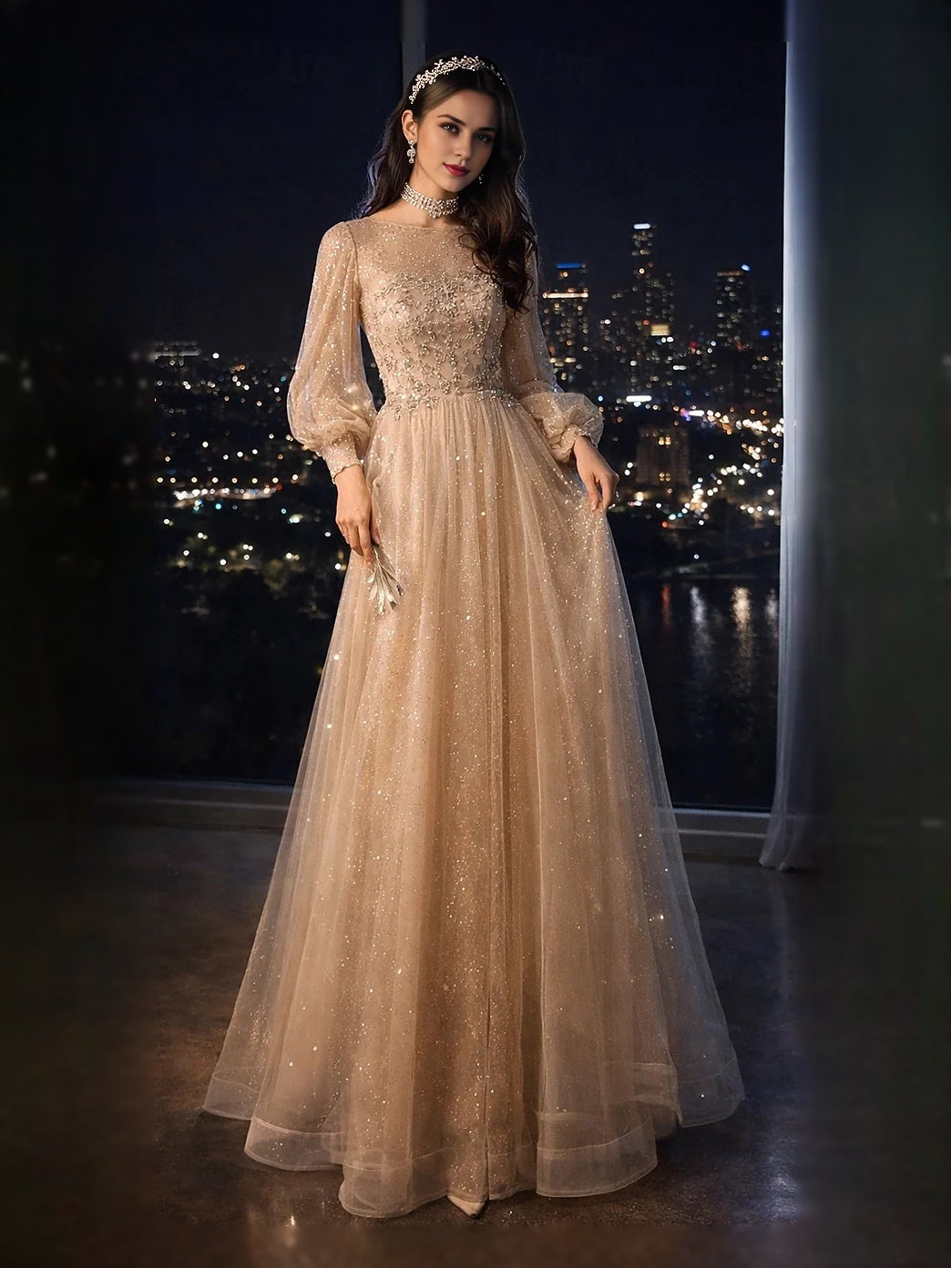 Champagne floor-length prom dress, alternate view showing the bodice and skirt