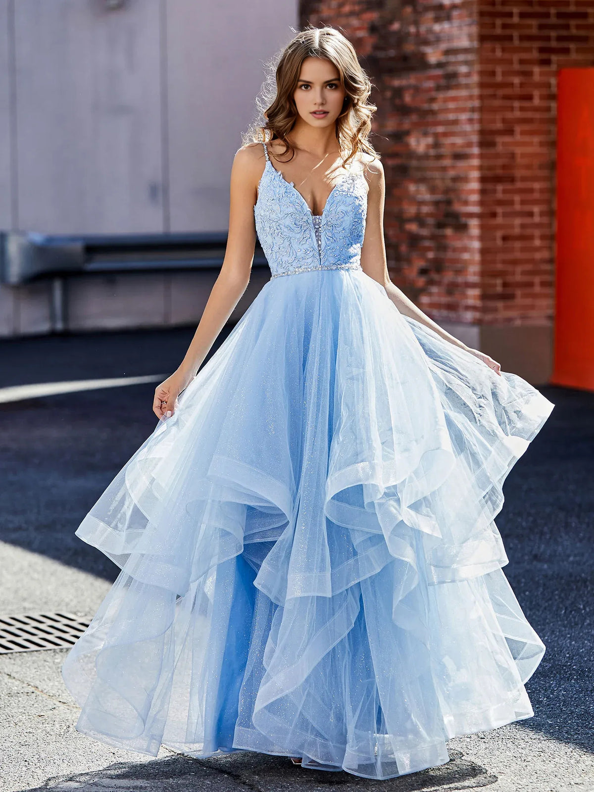 Sky Blue floor-length prom dress, alternate view showing the bodice and skirt