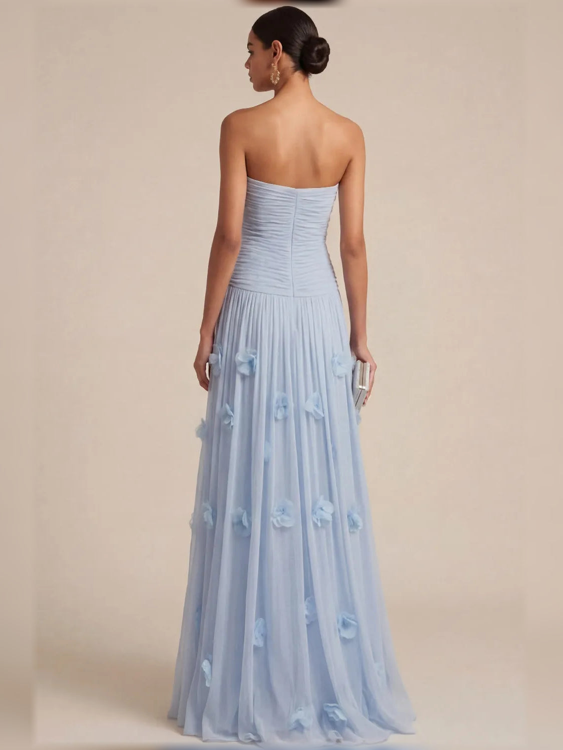 Light Blue a-line floor-length formal dress with pleated skirt, alternate view