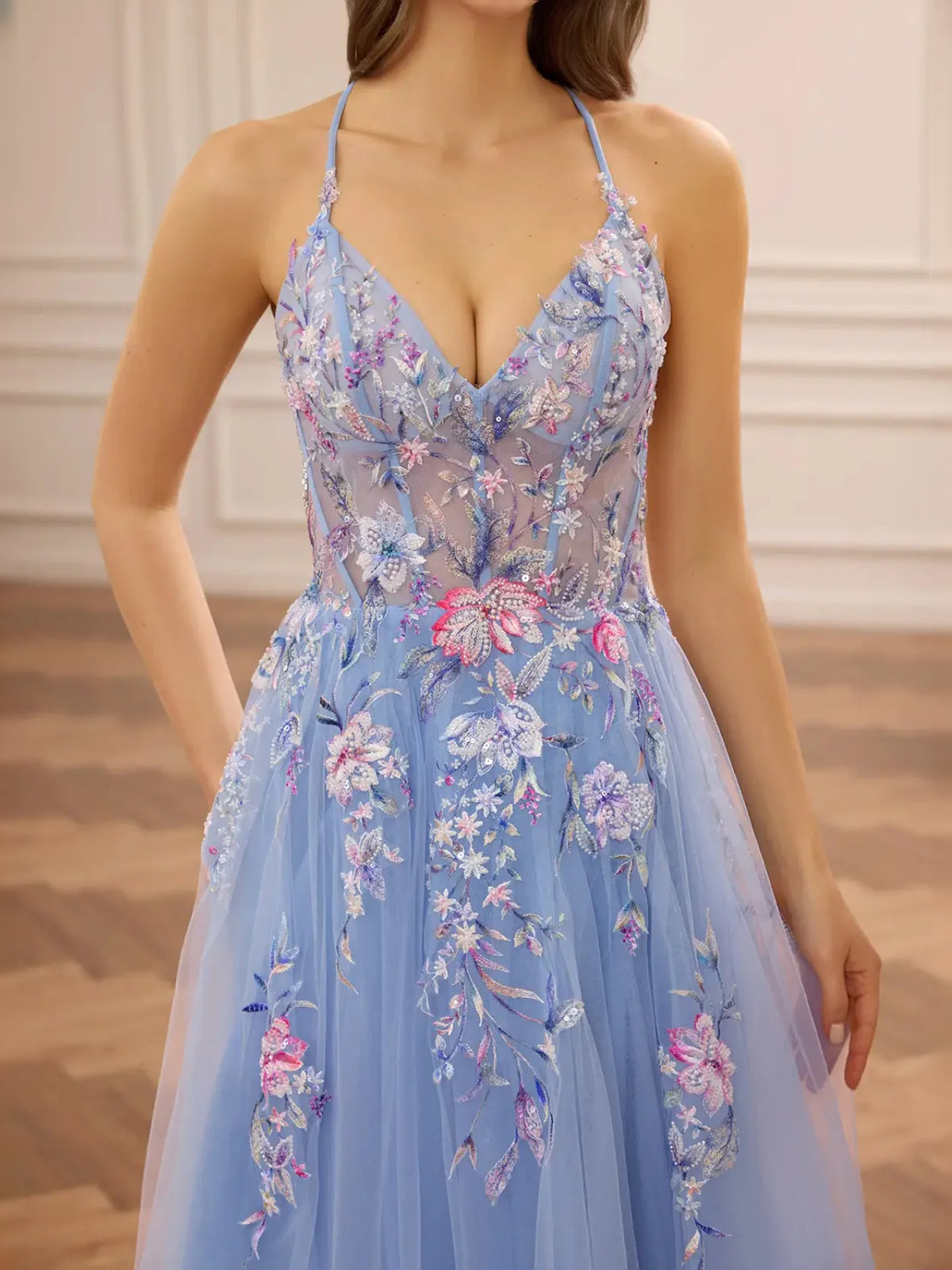 Blue floor-length prom dress, alternate view showing the bodice and skirt