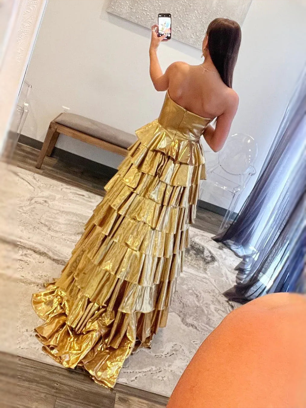 Gold maxi prom dress, back view showing the rear of the dress