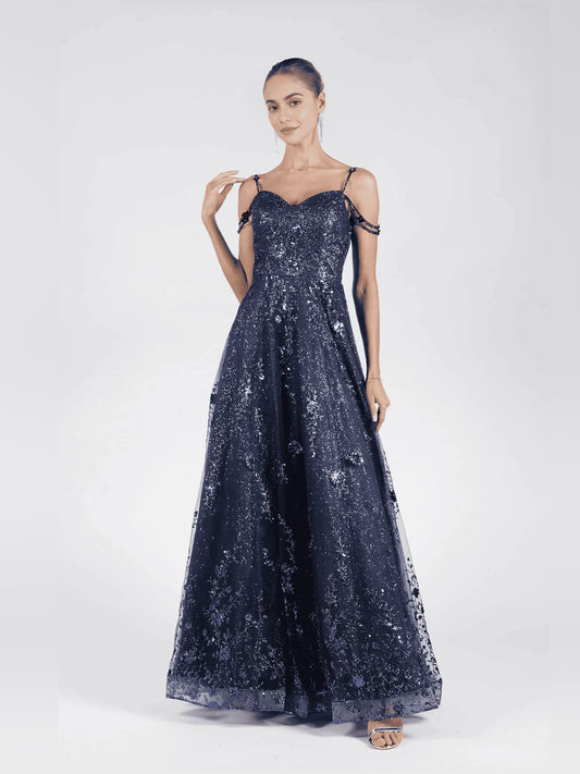Navy Blue floor-length prom dress, alternate view showing the bodice and skirt