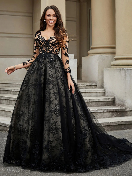 Black floor-length wedding dress, alternate view showing the bodice and skirt