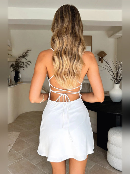 Ivory white mini homecoming dress, back view showing the rear of the dress