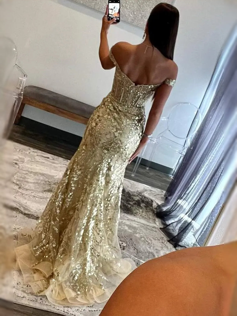 Gold floor-length prom dress, alternate view showing the bodice and skirt