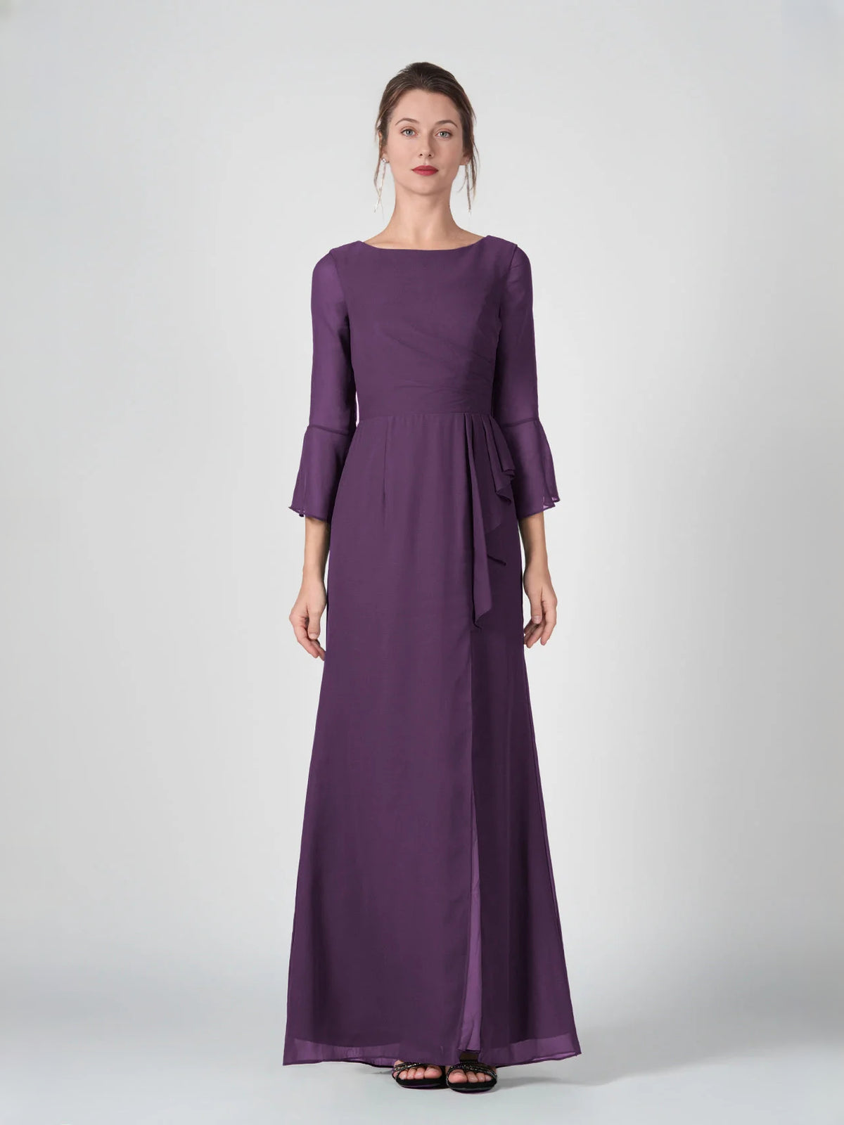 Plum floor-length bridesmaid dress, alternate view showing the bodice and skirt